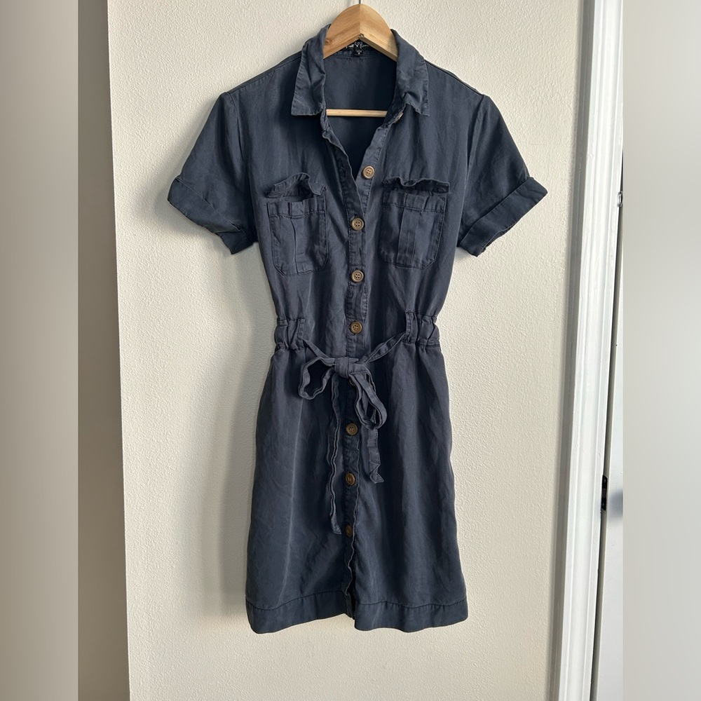 Velvet Heart Short Sleeve Collared Button Front Tie Waist Tencel Mini Dress Sz S